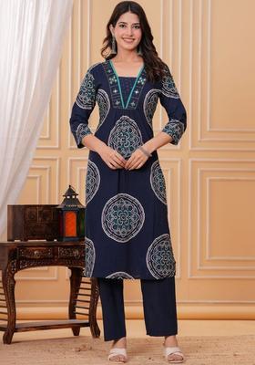 Navy Blue Printed Cotton Kurta Set