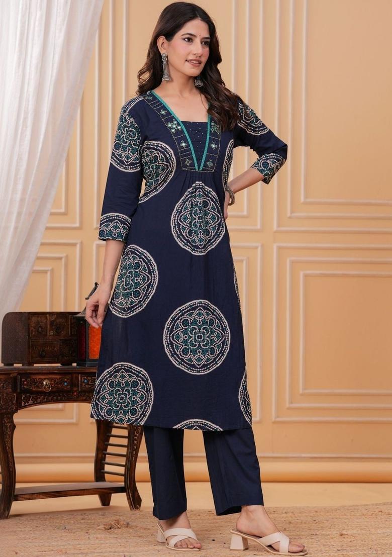 Navy Blue Printed Cotton Kurta Set - Indya