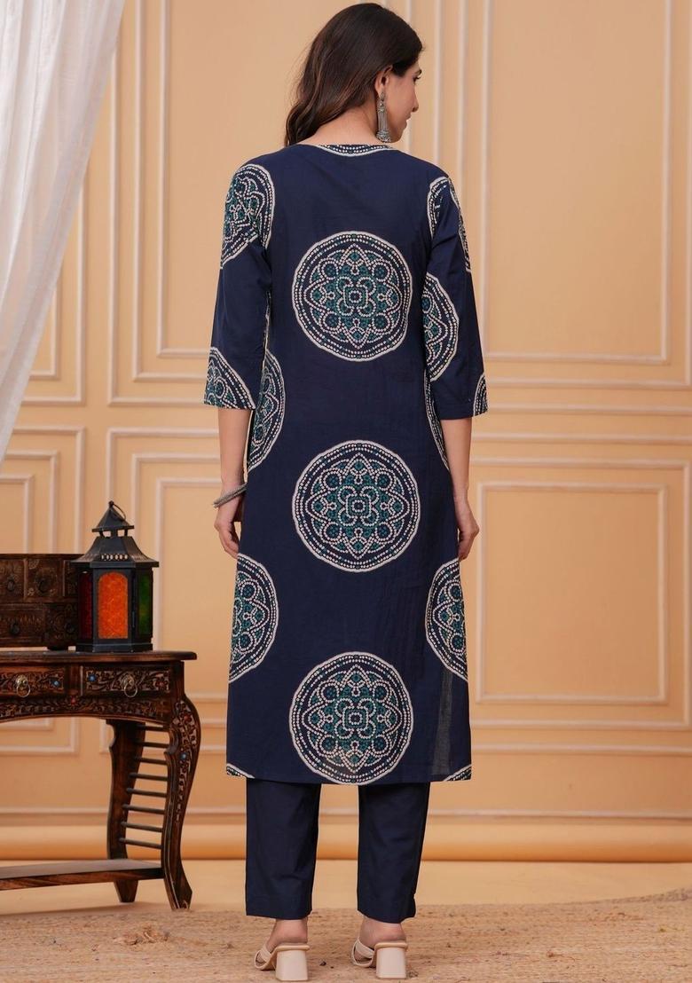 Navy Blue Printed Cotton Kurta Set - Indya
