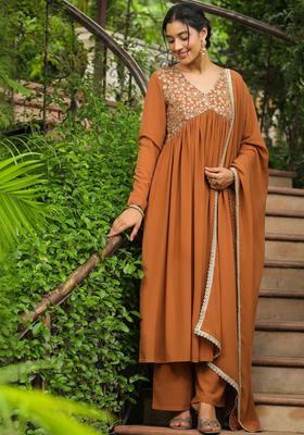 Brown Embroidered Georgette Kurta Set