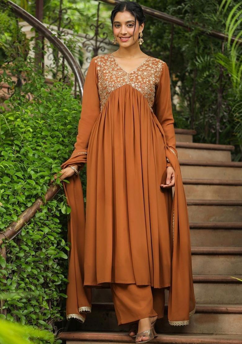 Brown Embroidered Georgette Kurta Set - Indya
