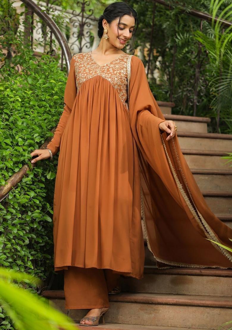 Brown Embroidered Georgette Kurta Set - Indya