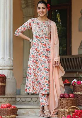 Peach Printed Cotton Kurta Set