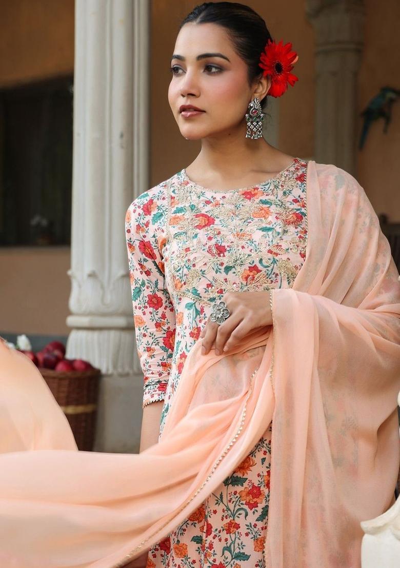 Peach Printed Cotton Kurta Set - Indya