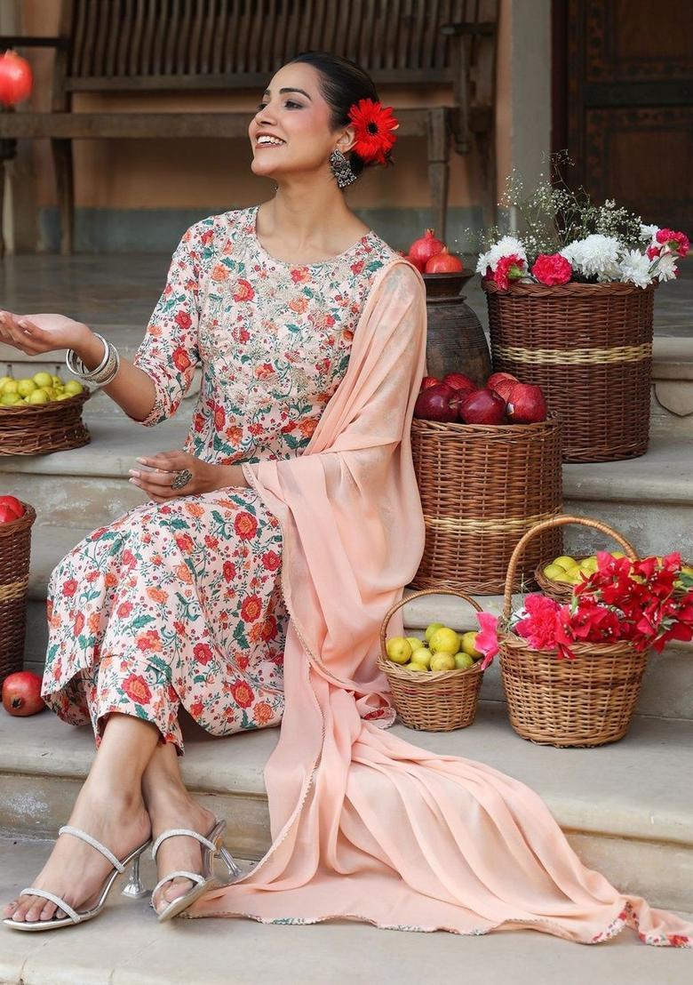 Peach Printed Cotton Kurta Set - Indya