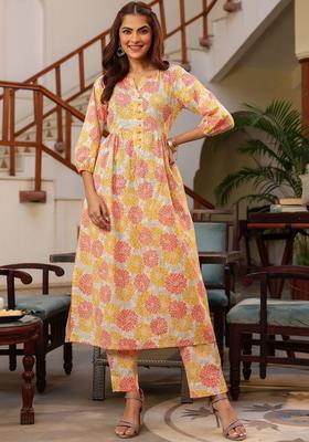 White Printed Cotton Kurta Set