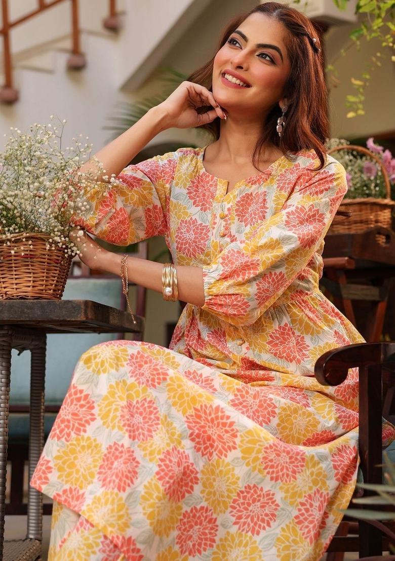 White Printed Cotton Kurta Set - Indya