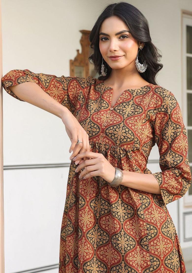 Red Printed Cotton Kurta Set - Indya