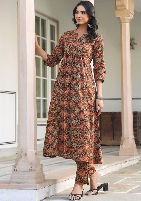Red Printed Cotton Kurta Set — view on Indya
