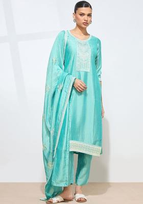 Turquoise Blue Embroidered Silk Kurta Set