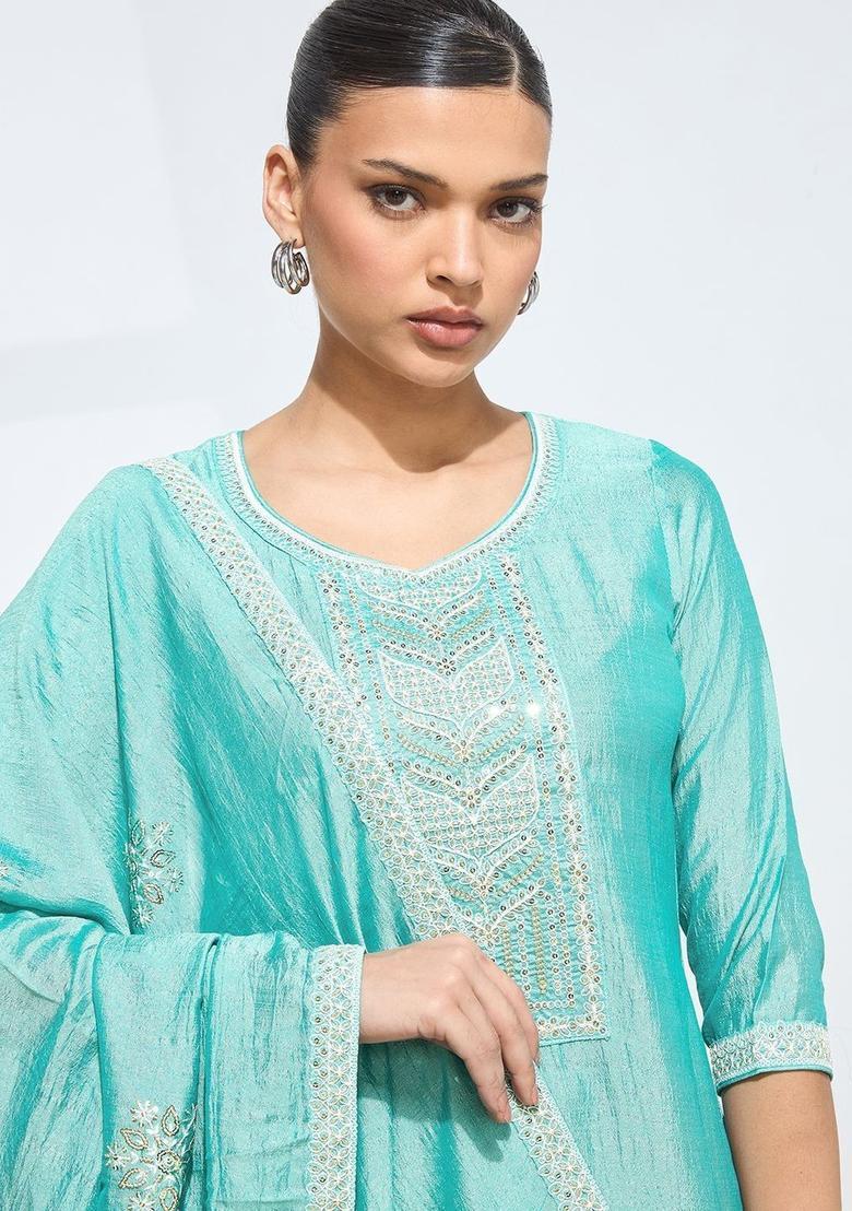 Turquoise Blue Embroidered Silk Kurta Set - Indya