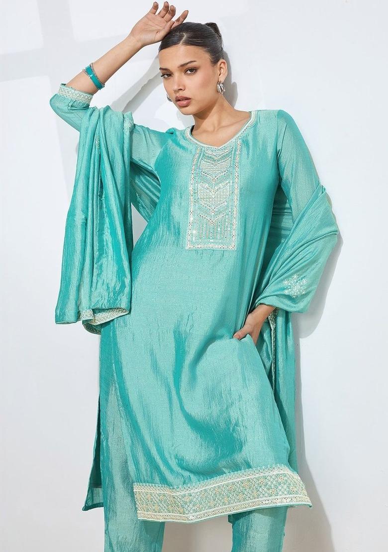 Turquoise Blue Embroidered Silk Kurta Set - Indya