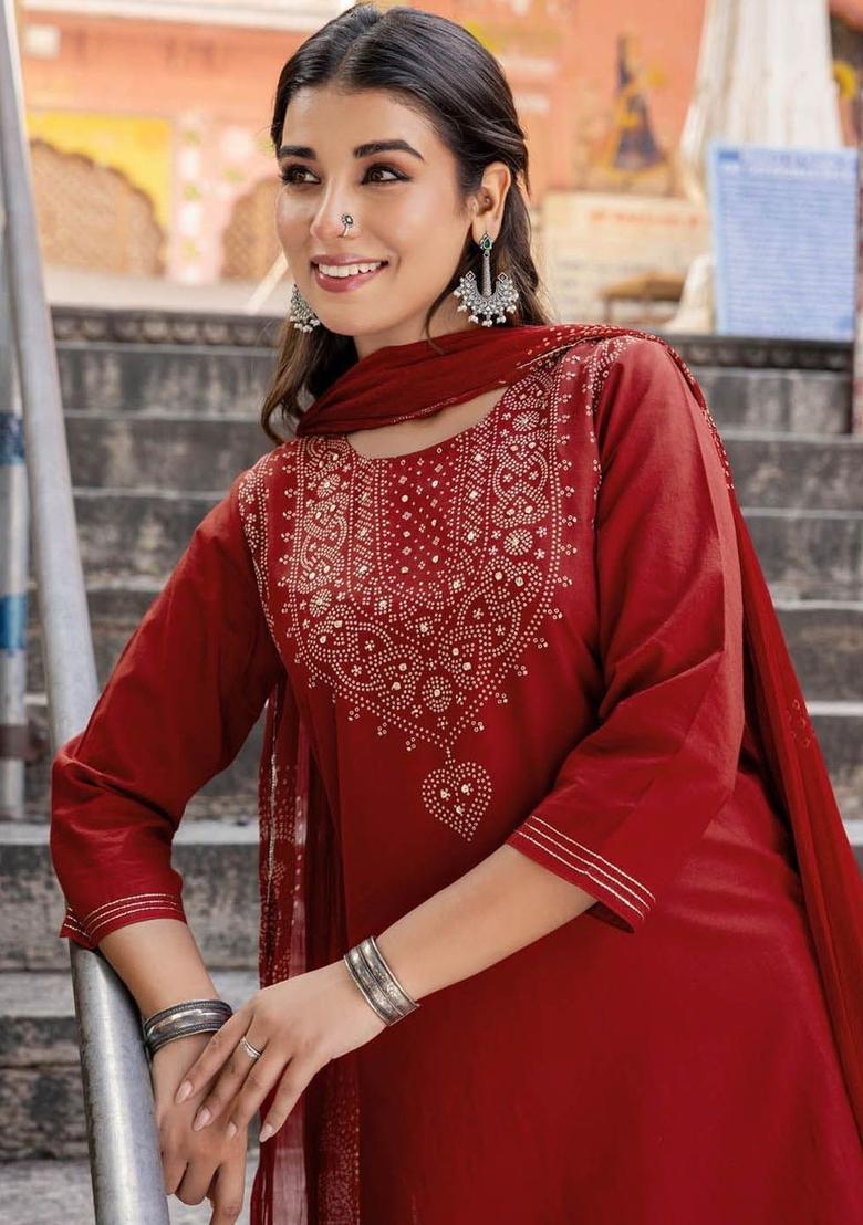 Red Yoke Design Viscose Kurta Set - Indya