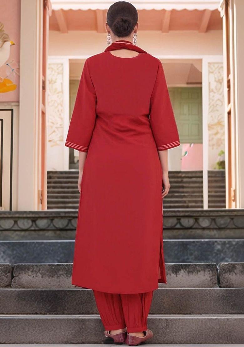 Red Yoke Design Viscose Kurta Set - Indya