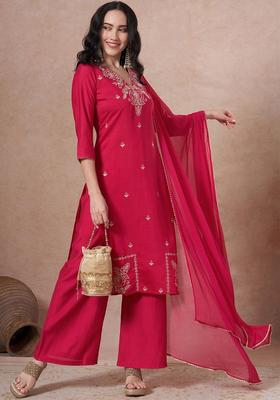 Red Embroidered Viscose Kurta Set