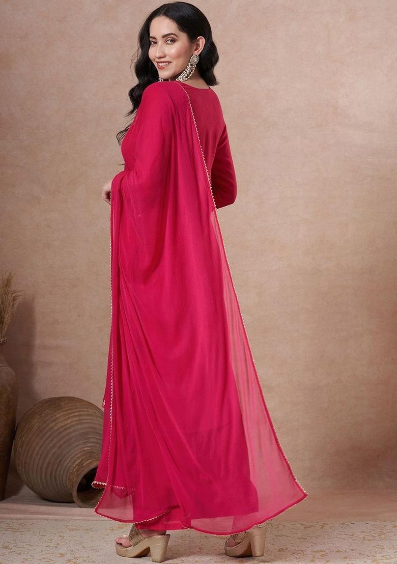 Red Embroidered Viscose Kurta Set - Indya