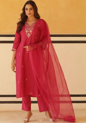Pink Embroidered Viscose Kurta Set