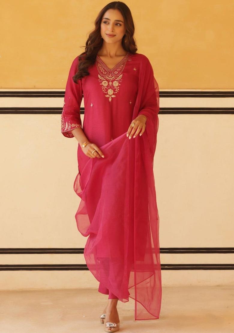 Pink Embroidered Viscose Kurta Set - Indya