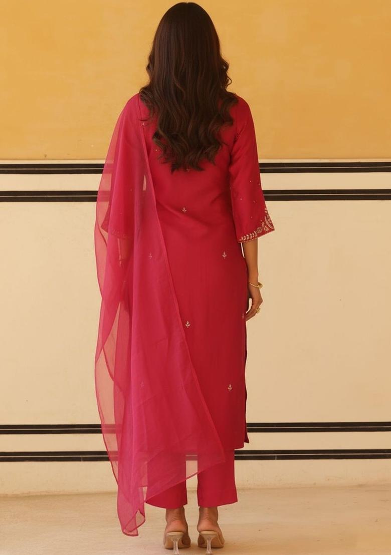 Pink Embroidered Viscose Kurta Set - Indya