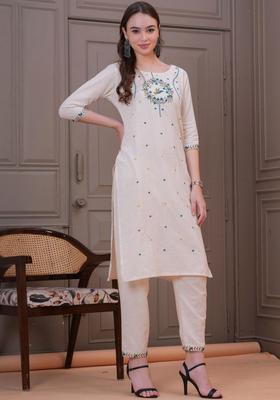 Cream Embroidered Cotton Kurta Set