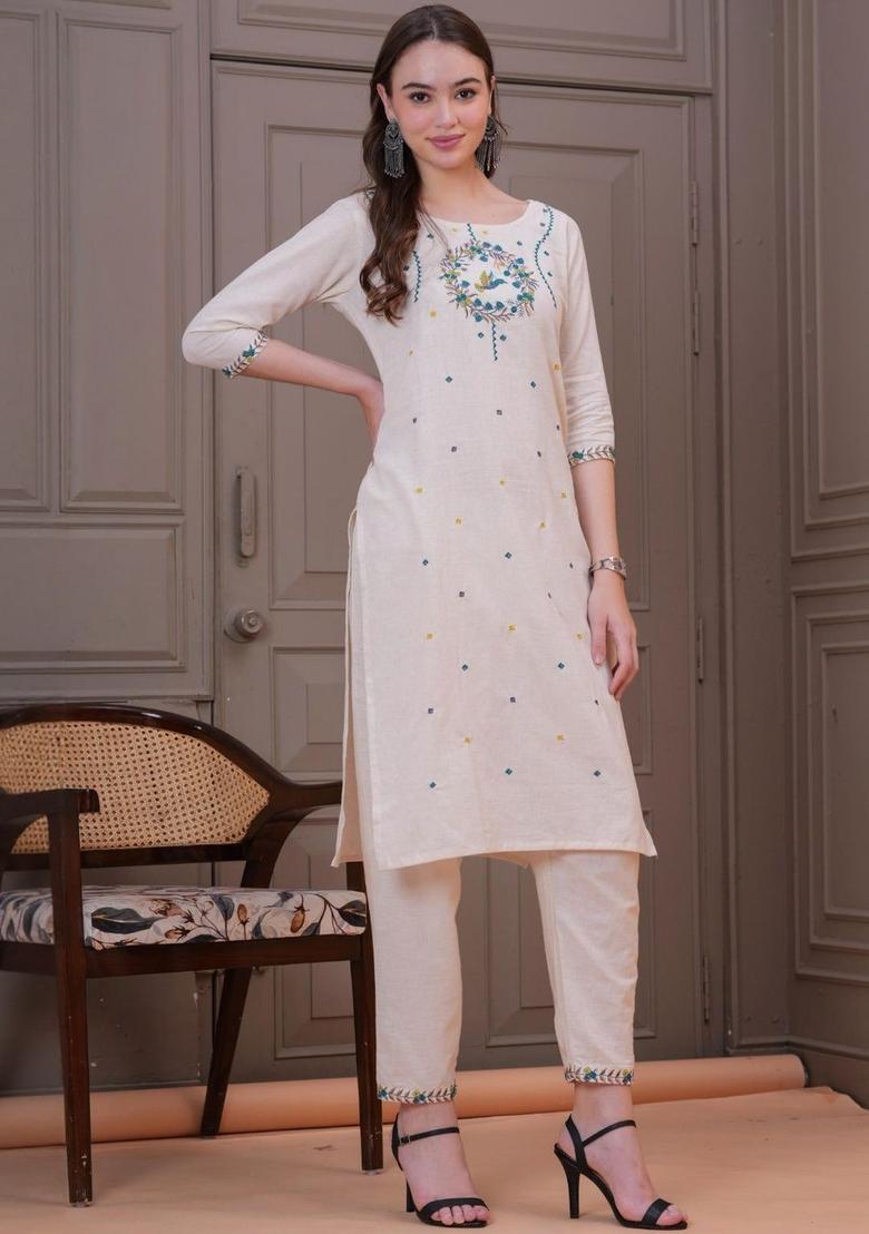 Cream Embroidered Cotton Kurta Set - Indya