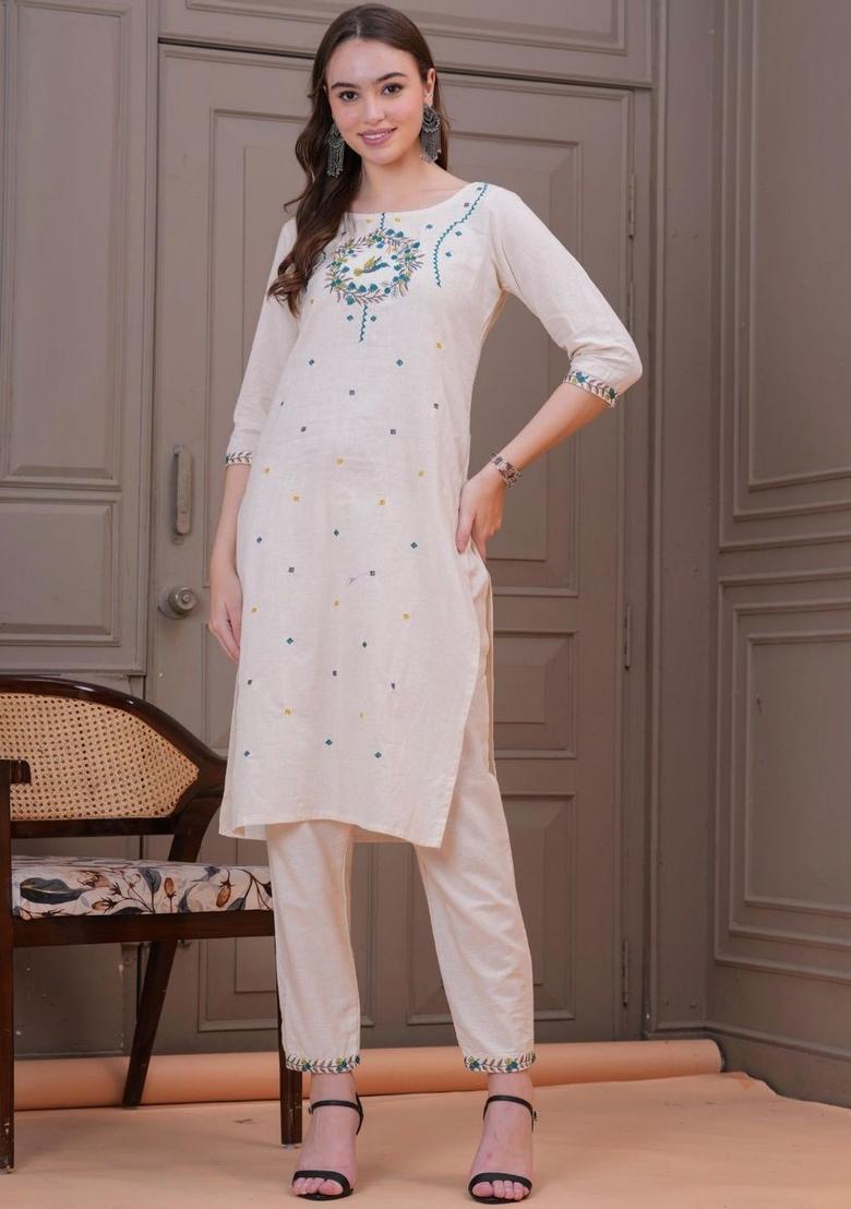Cream Embroidered Cotton Kurta Set - Indya