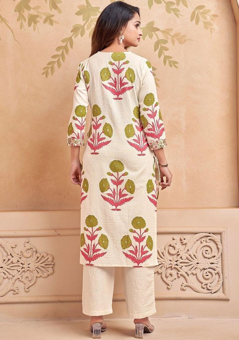 Cream Printed Cotton Kurta Set - Indya