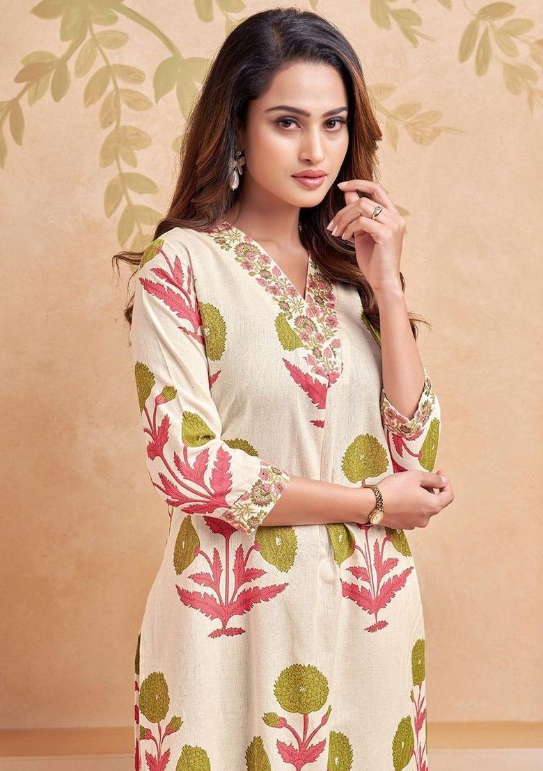 Cream Printed Cotton Kurta Set - Indya