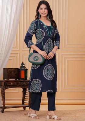 Navy Blue Printed Cotton Kurta Set