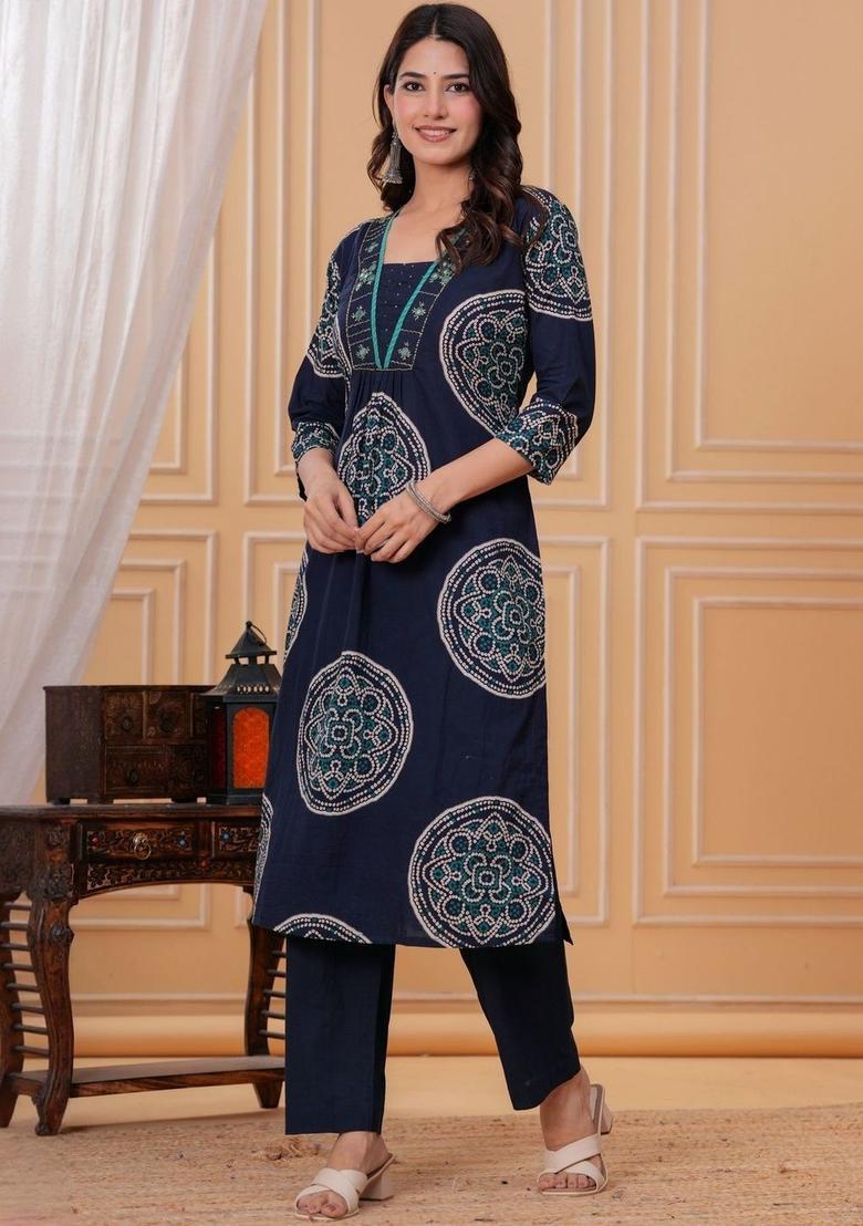 Navy Blue Printed Cotton Kurta Set - Indya