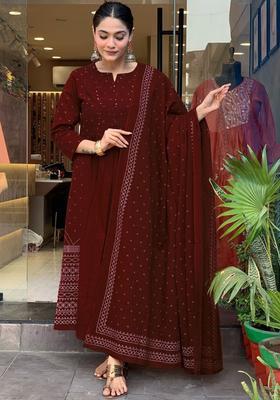Maroon Embroidered Viscose Kurta Set