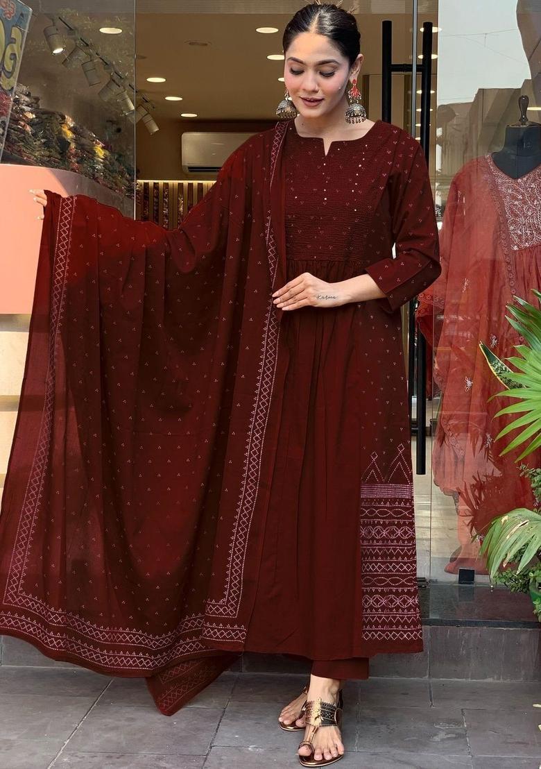 Maroon Embroidered Viscose Kurta Set - Indya