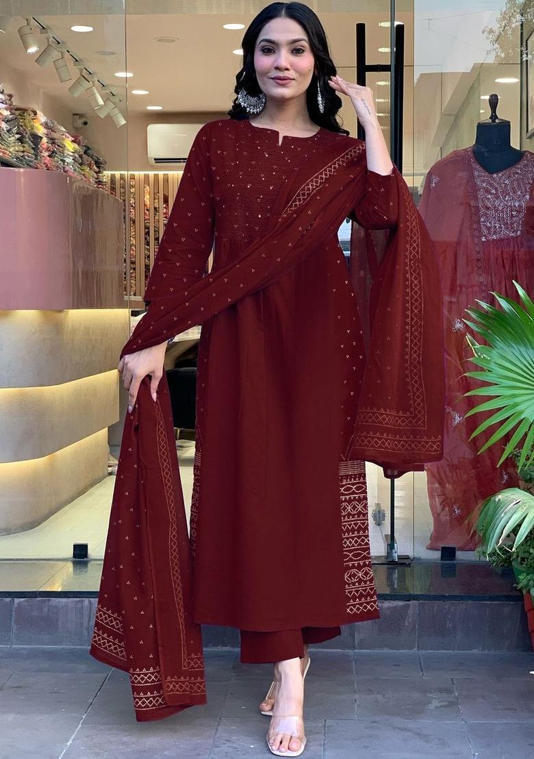 Maroon Embroidered Viscose Kurta Set - Indya