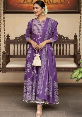 Purple Printed Viscose Kurta Set