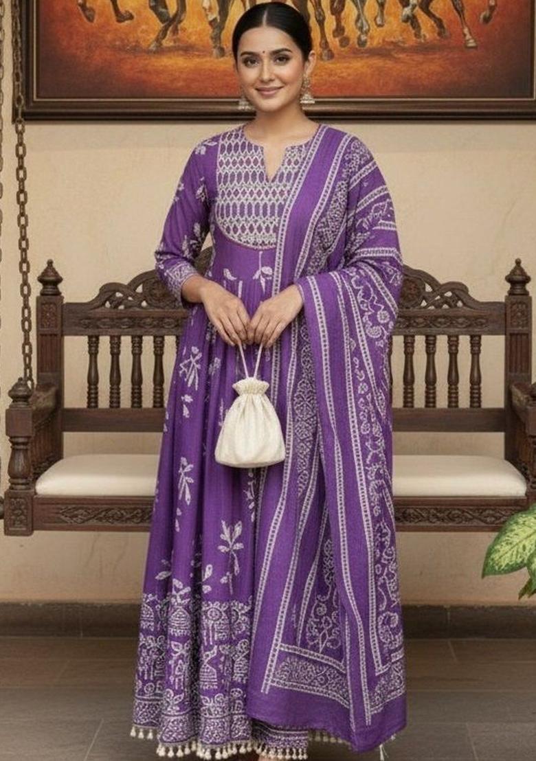 Purple Printed Viscose Kurta Set - Indya