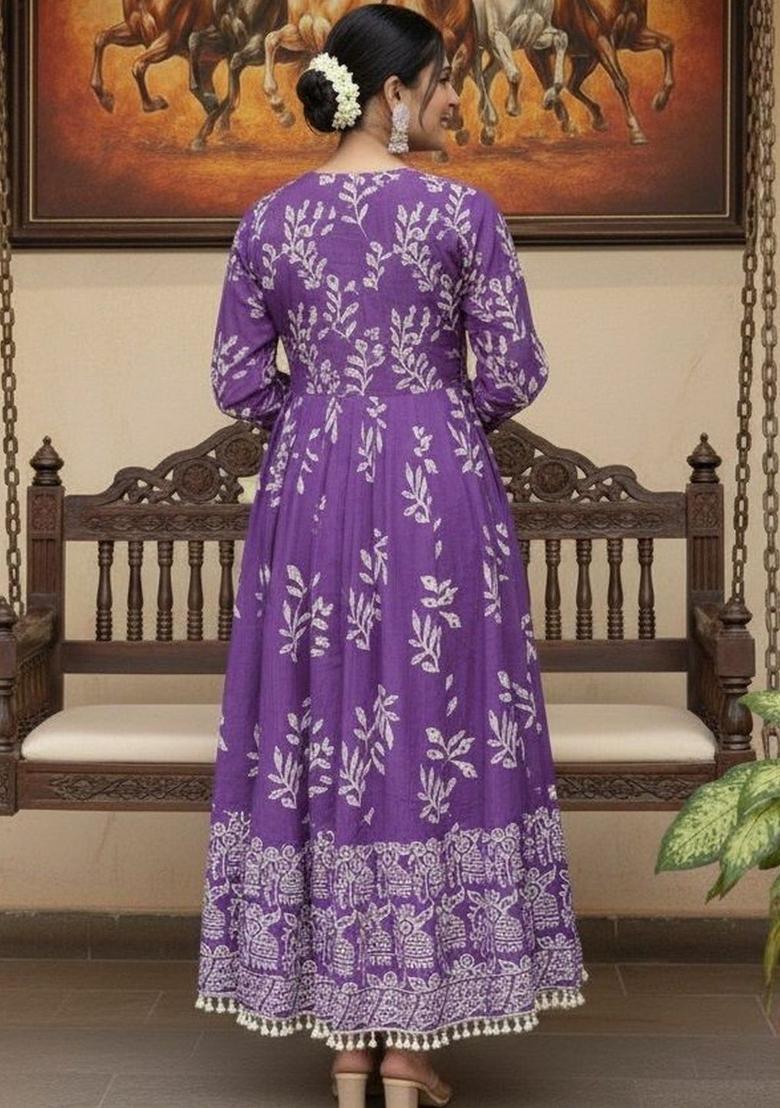Purple Printed Viscose Kurta Set - Indya