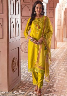 Yellow Embroidered Silk Kurta Set