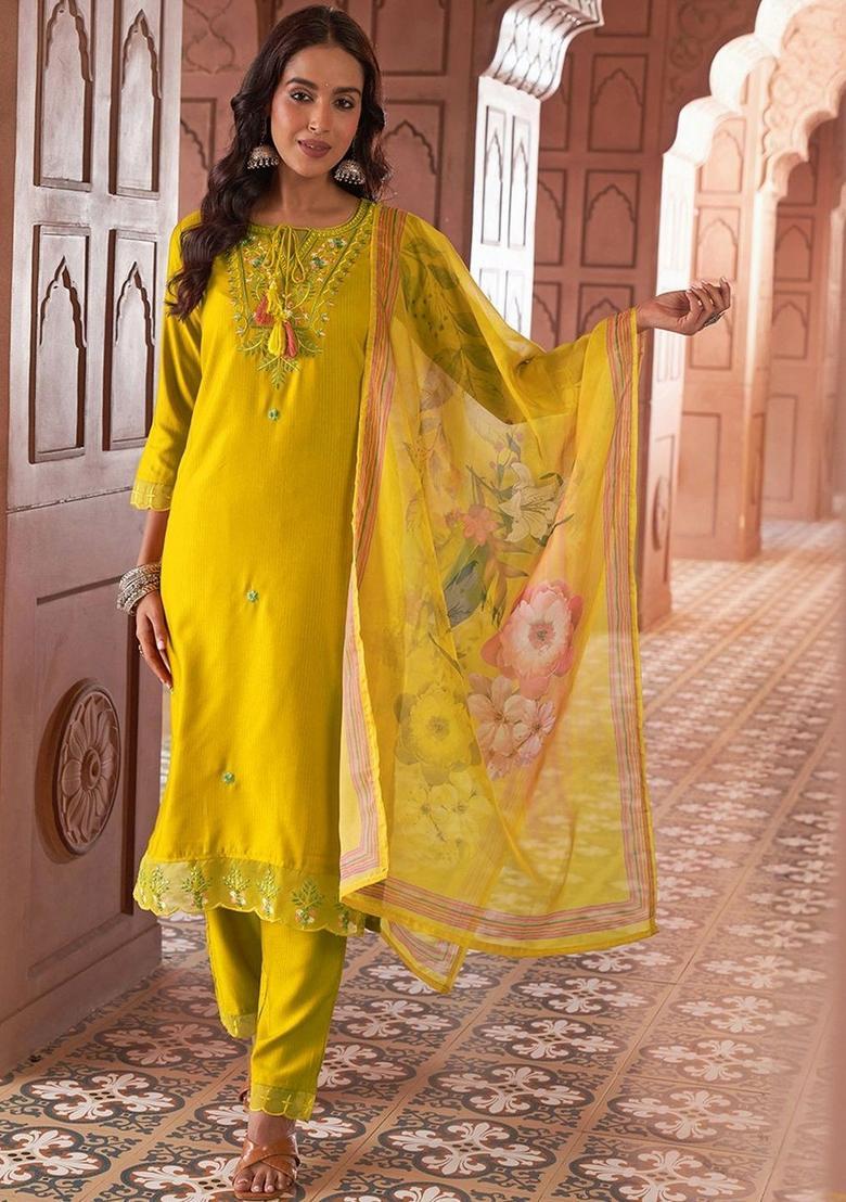 Yellow Embroidered Silk Kurta Set - Indya