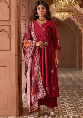 Maroon Embroidered Silk Kurta Set