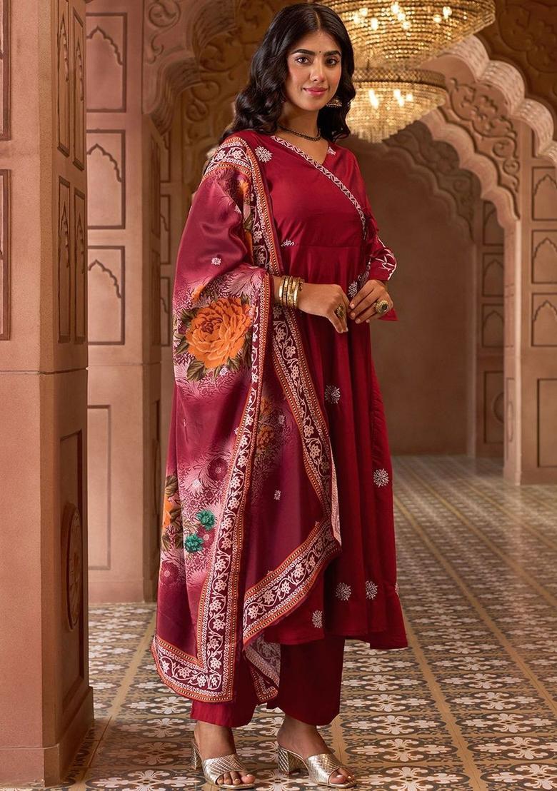 Maroon Embroidered Silk Kurta Set - Indya