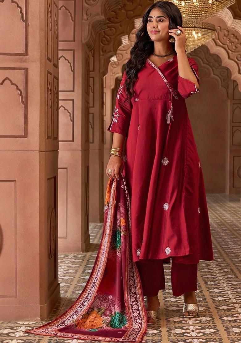 Maroon Embroidered Silk Kurta Set - Indya