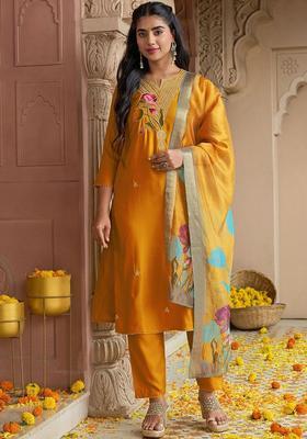 Yellow Embroidered Viscose Kurta Set