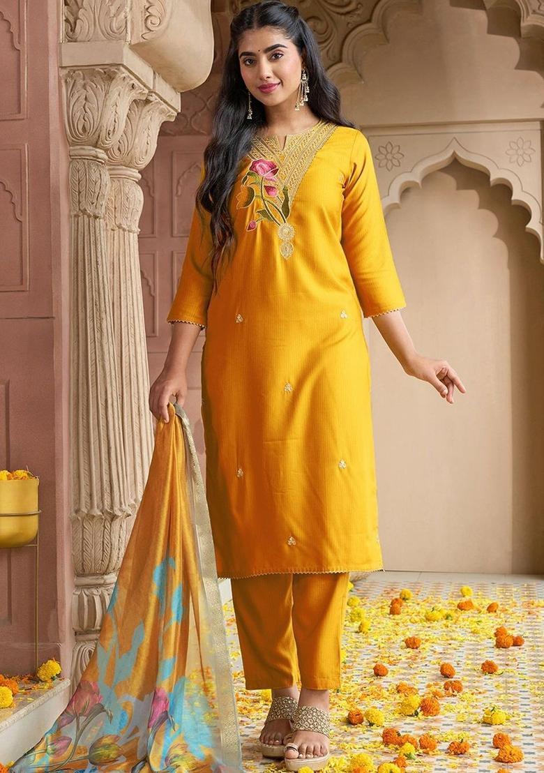 Yellow Embroidered Viscose Kurta Set - Indya