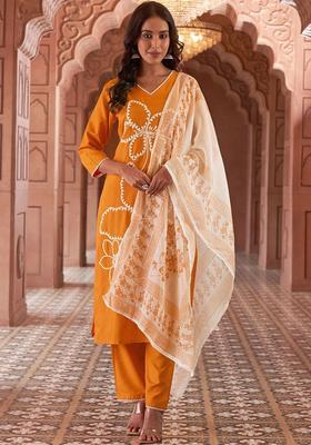 Mustard Embroidered Viscose Kurta Set