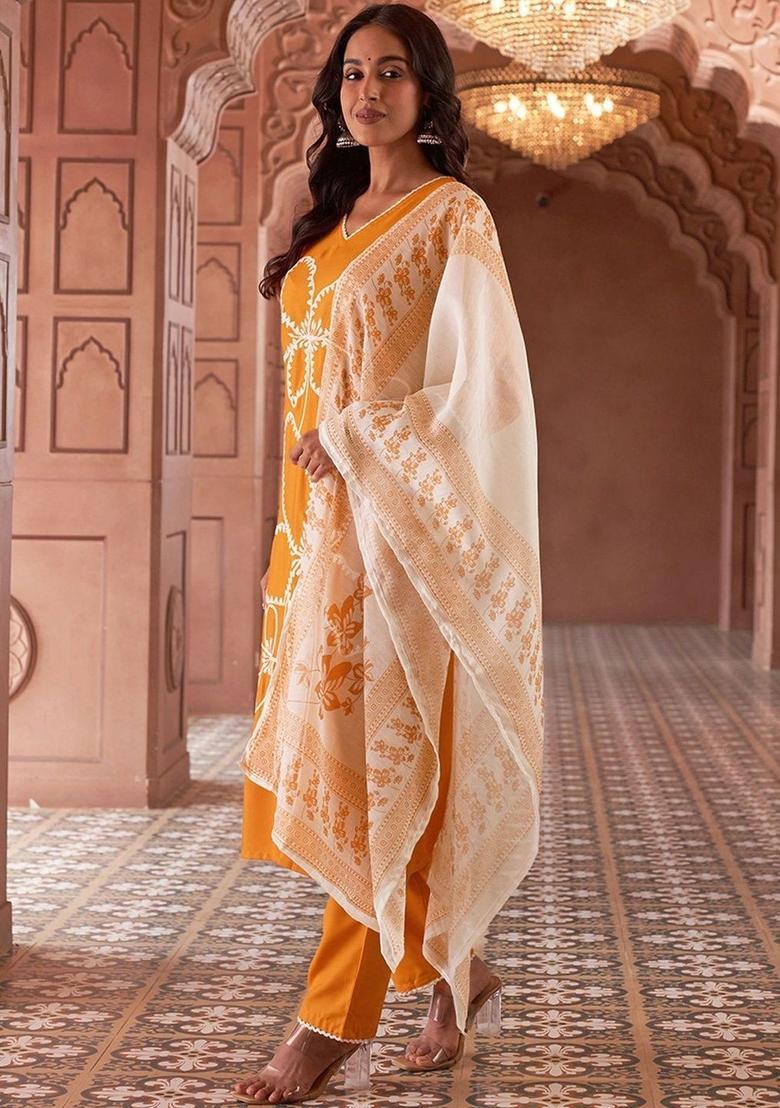 Mustard Embroidered Viscose Kurta Set - Indya