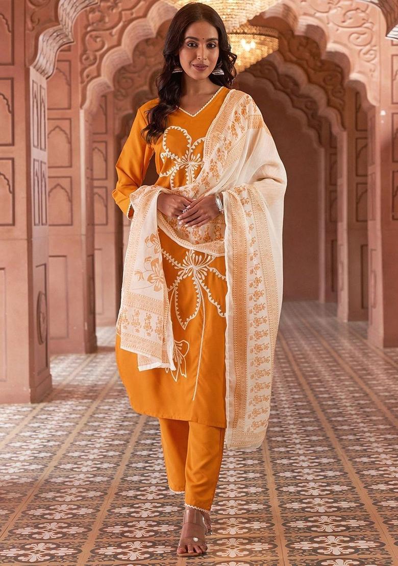 Mustard Embroidered Viscose Kurta Set - Indya