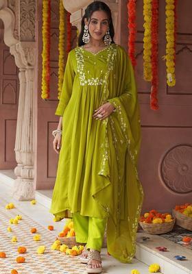 Lime Green Embroidered Chinon Kurta Set