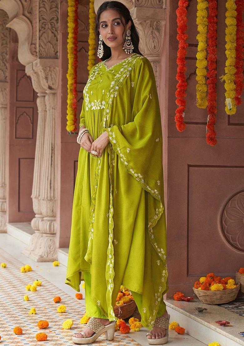 Lime Green Embroidered Chinon Kurta Set - Indya