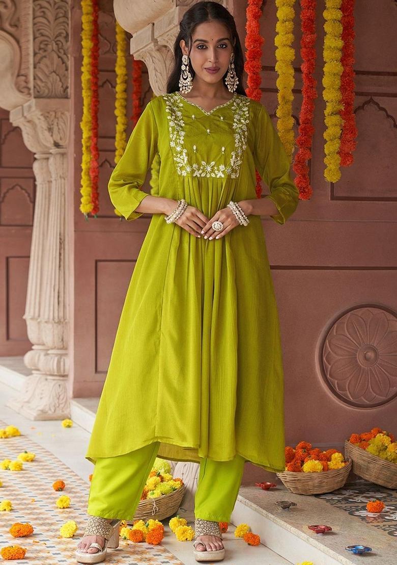 Lime Green Embroidered Chinon Kurta Set - Indya