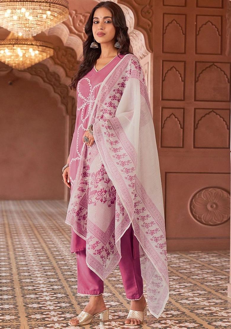 Pink Embroidered Viscose Kurta Set - Indya